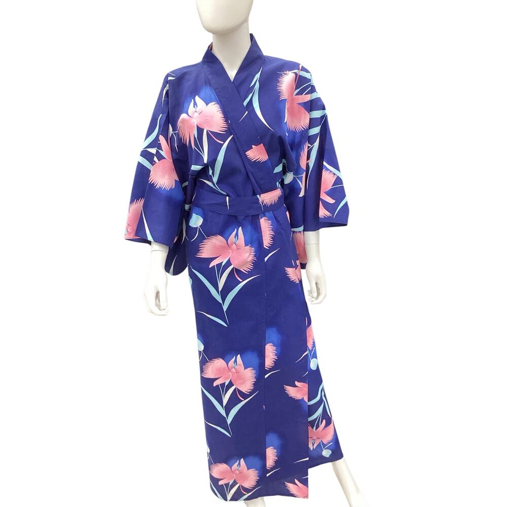 Vintage Marnky Kimono Women’s One SZ 100% Cotton Made In Japan Long Belted Blue